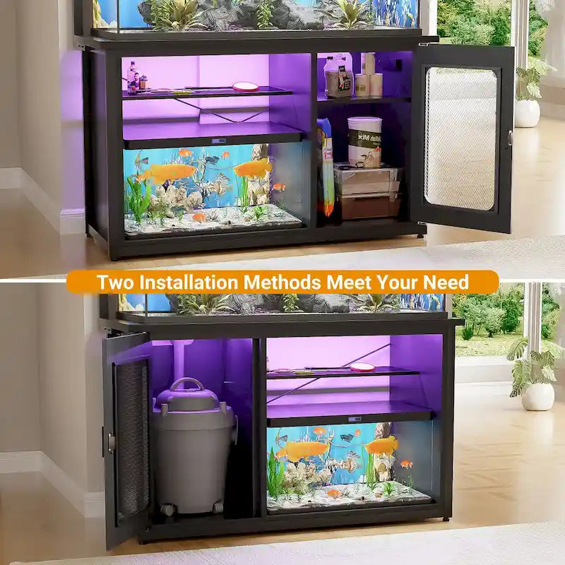 Support robuste pour aquarium avec meuble réversible, pour aquarium de 55 à 75 gallons, avec prises électriques et éclairage LED.