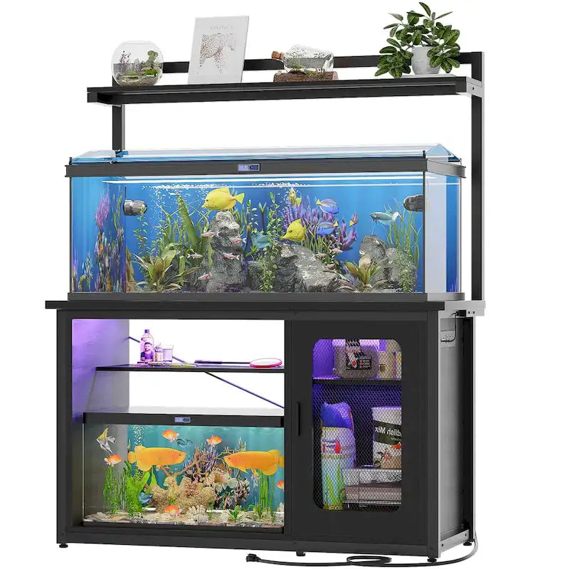 Support robuste pour aquarium avec meuble réversible, pour aquarium de 55 à 75 gallons, avec prises électriques et éclairage LED.