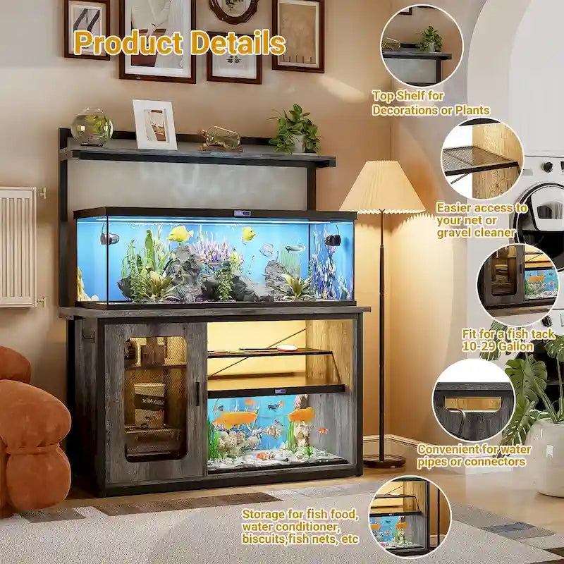 Support robuste pour aquarium avec meuble réversible, pour aquarium de 55 à 75 gallons, avec prises électriques et éclairage LED.