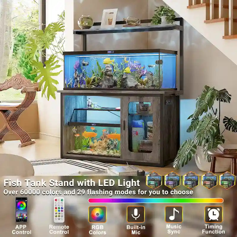 Support robuste pour aquarium avec meuble réversible, pour aquarium de 55 à 75 gallons, avec prises électriques et éclairage LED.