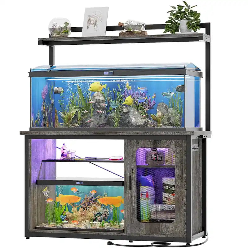Support robuste pour aquarium avec meuble réversible, pour aquarium de 55 à 75 gallons, avec prises électriques et éclairage LED.