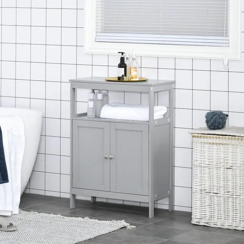 Meuble de rangement de salle de bain moderne autoportant, avec portes et étagère ouverte - 11,75 po P x 23,5 po L x 32,25 po H