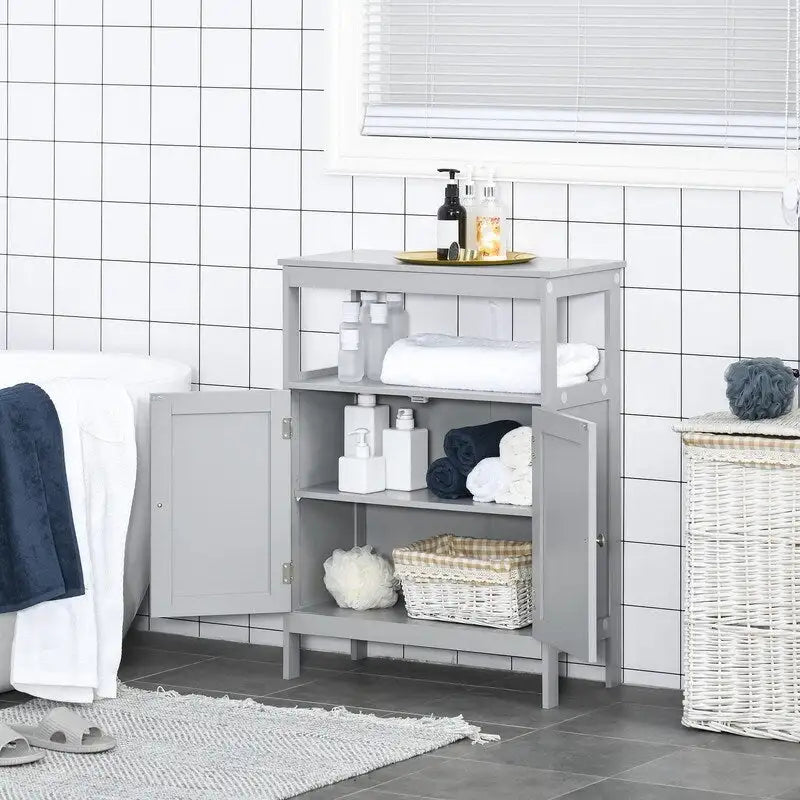 Meuble de rangement de salle de bain moderne autoportant, avec portes et étagère ouverte - 11,75 po P x 23,5 po L x 32,25 po H