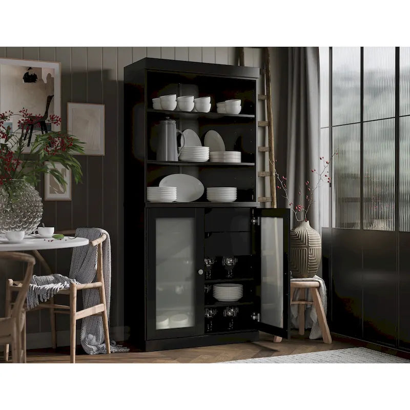 Armoire de rangement Palace Imports 100 % bois massif avec portes en verre dépoli, 2 tiroirs et étagères réglables - 32 x 71,5