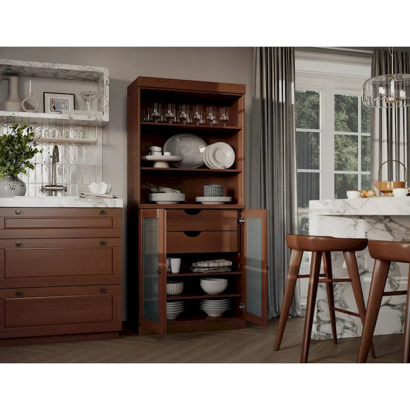 Armoire de rangement Palace Imports 100 % bois massif avec portes en verre dépoli, 2 tiroirs et étagères réglables - 32 x 71,5