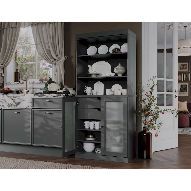 Armoire de rangement Palace Imports 100 % bois massif avec portes en verre dépoli, 2 tiroirs et étagères réglables - 32 x 71,5