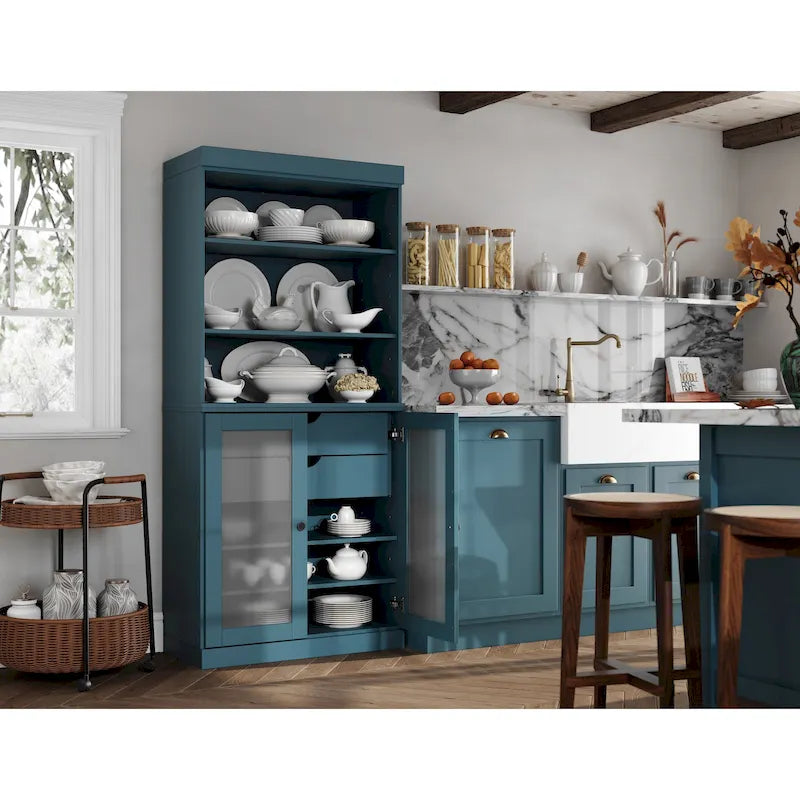 Armoire de rangement Palace Imports 100 % bois massif avec portes en verre dépoli, 2 tiroirs et étagères réglables - 32 x 71,5