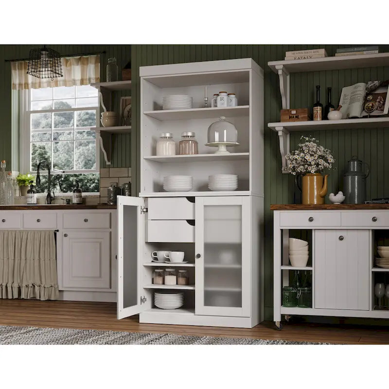Palace Imports 100% Solid Wood Pantry Cabinet with Frosted Glass Doors, 2-Drawers and Adjustable Shelves - 32 x 71.5