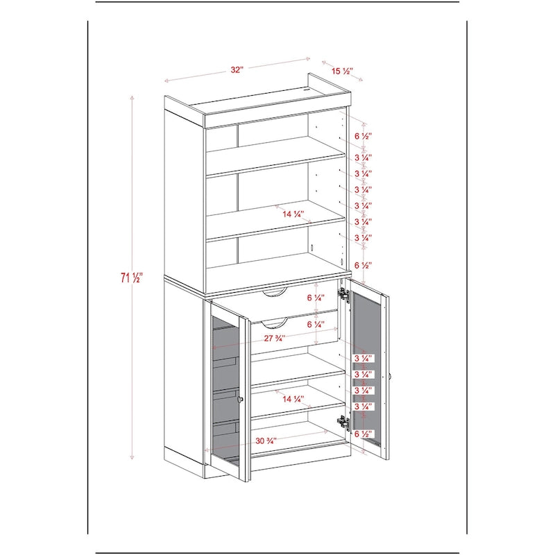 Armoire de rangement Palace Imports 100 % bois massif avec portes en verre dépoli, 2 tiroirs et étagères réglables - 32 x 71,5