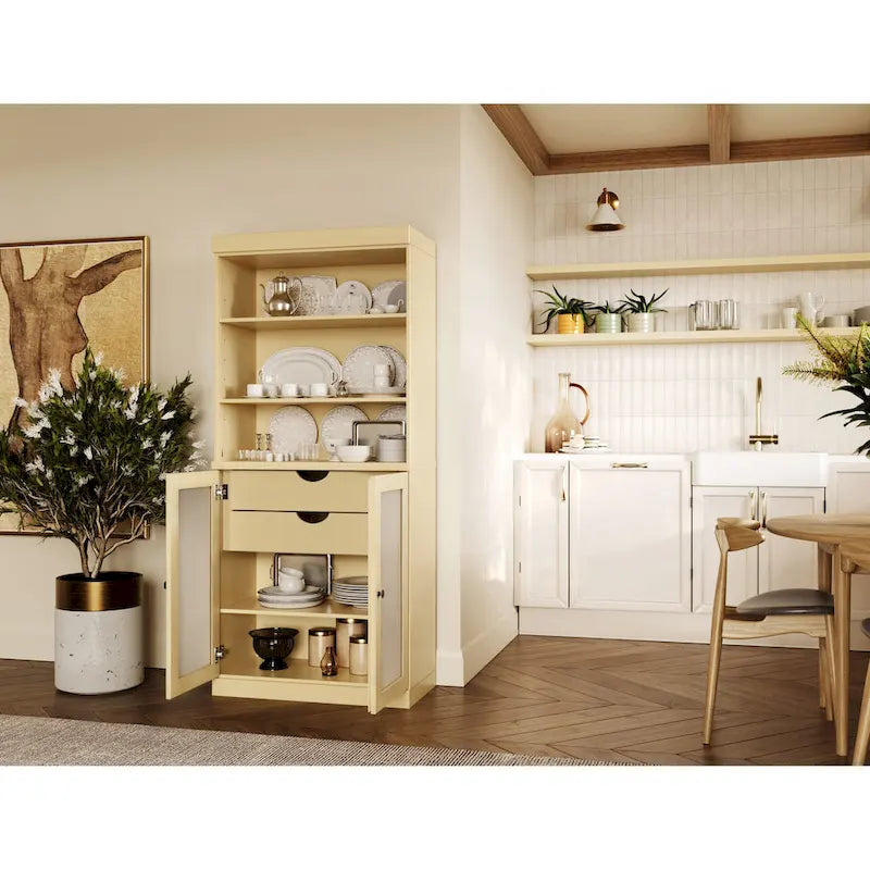 Armoire de rangement Palace Imports 100 % bois massif avec portes en verre dépoli, 2 tiroirs et étagères réglables - 32 x 71,5