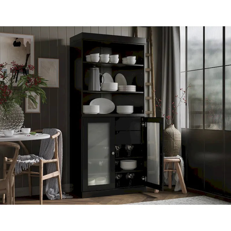 Armoire de rangement Palace Imports 100 % bois massif avec portes en verre dépoli, 2 tiroirs et étagères réglables - 32 x 71,5