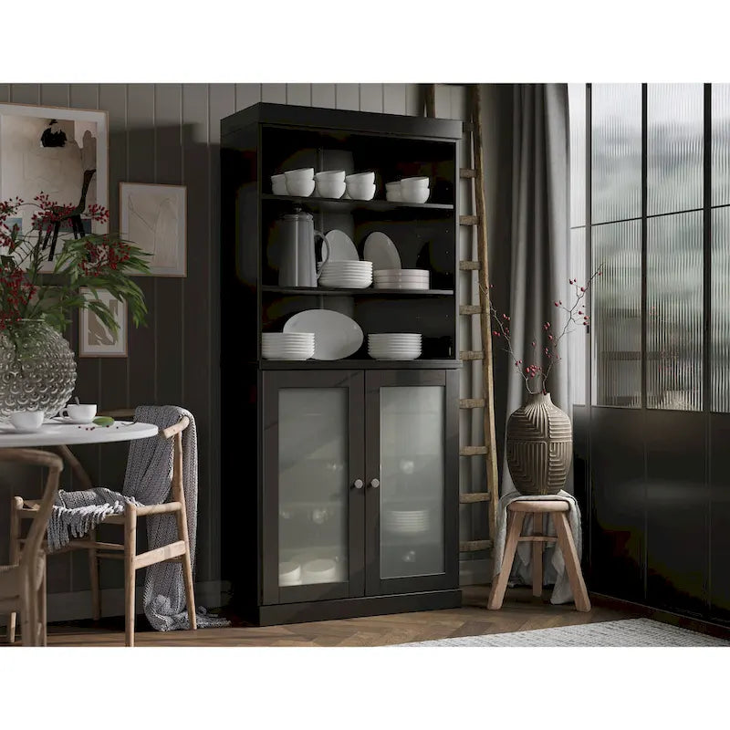 Armoire de rangement Palace Imports 100 % bois massif avec portes en verre dépoli, 2 tiroirs et étagères réglables - 32 x 71,5