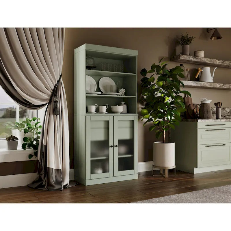 Armoire de rangement Palace Imports 100 % bois massif avec portes en verre dépoli, 2 tiroirs et étagères réglables - 32 x 71,5