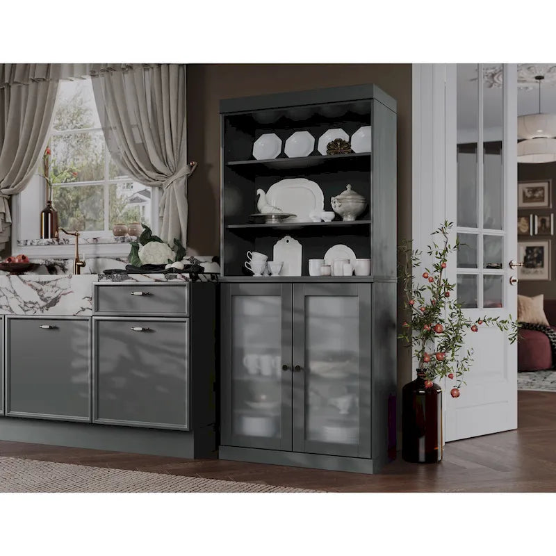 Armoire de rangement Palace Imports 100 % bois massif avec portes en verre dépoli, 2 tiroirs et étagères réglables - 32 x 71,5