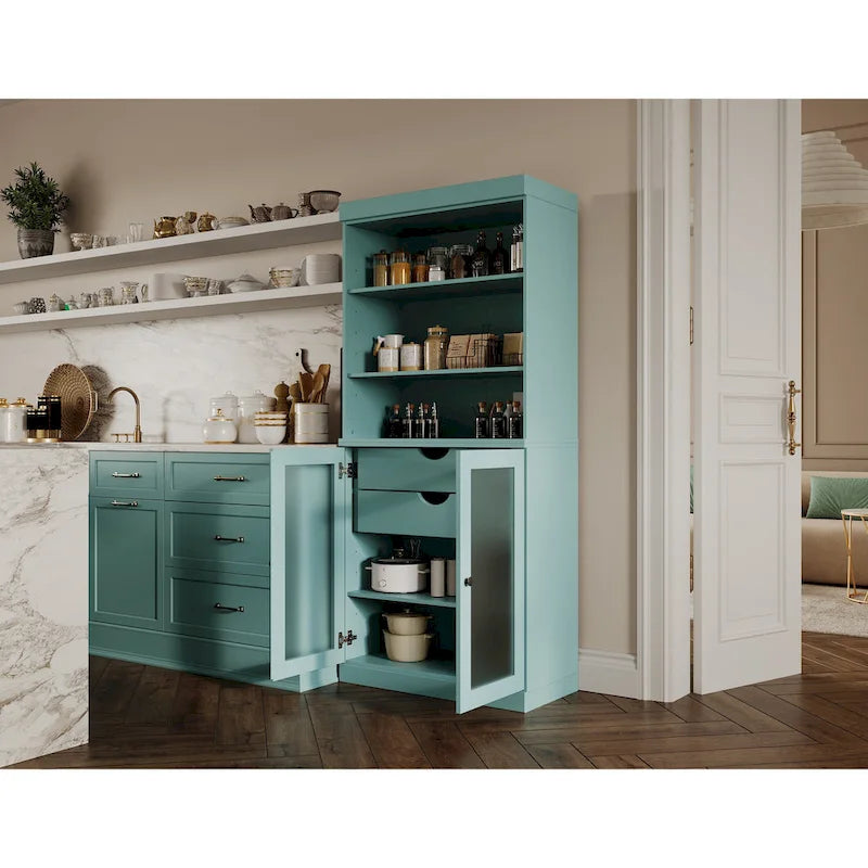 Armoire de rangement Palace Imports 100 % bois massif avec portes en verre dépoli, 2 tiroirs et étagères réglables - 32 x 71,5
