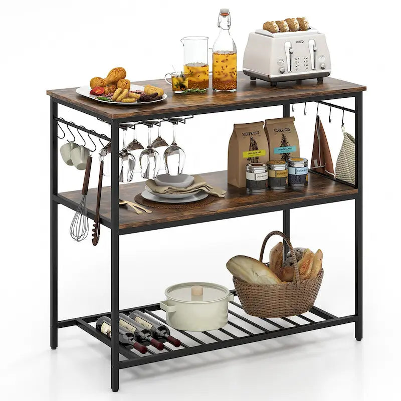 Gymax Kitchen Island 3-Tier Prep Table with Wine Glass Holders Large