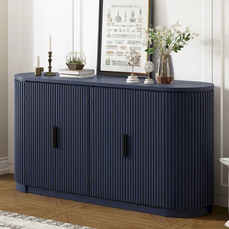 Modern Storage Cabinet with Adjustable Shelves, Metal Handles and Vertical Striped Doors