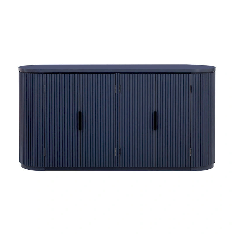 Armoire de rangement moderne avec étagères réglables, poignées en métal et portes à rayures verticales