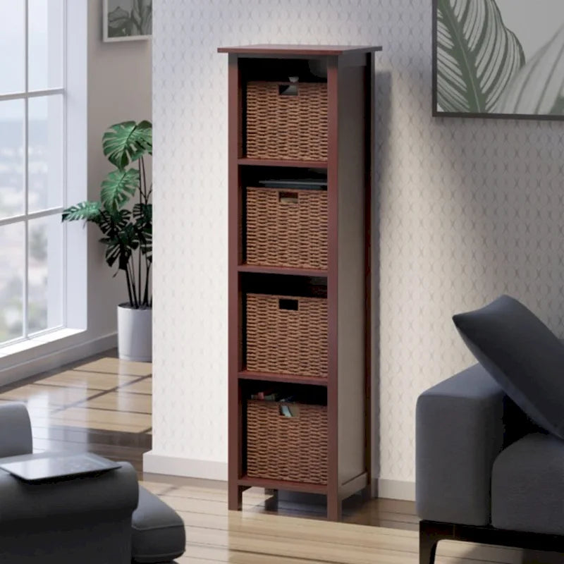 Étagère de rangement 5 pièces avec 4 paniers tressés pliables - 56 - Brun noyer