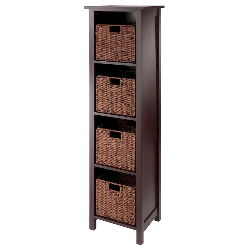 Étagère de rangement 5 pièces avec 4 paniers tressés pliables - 56 - Brun noyer