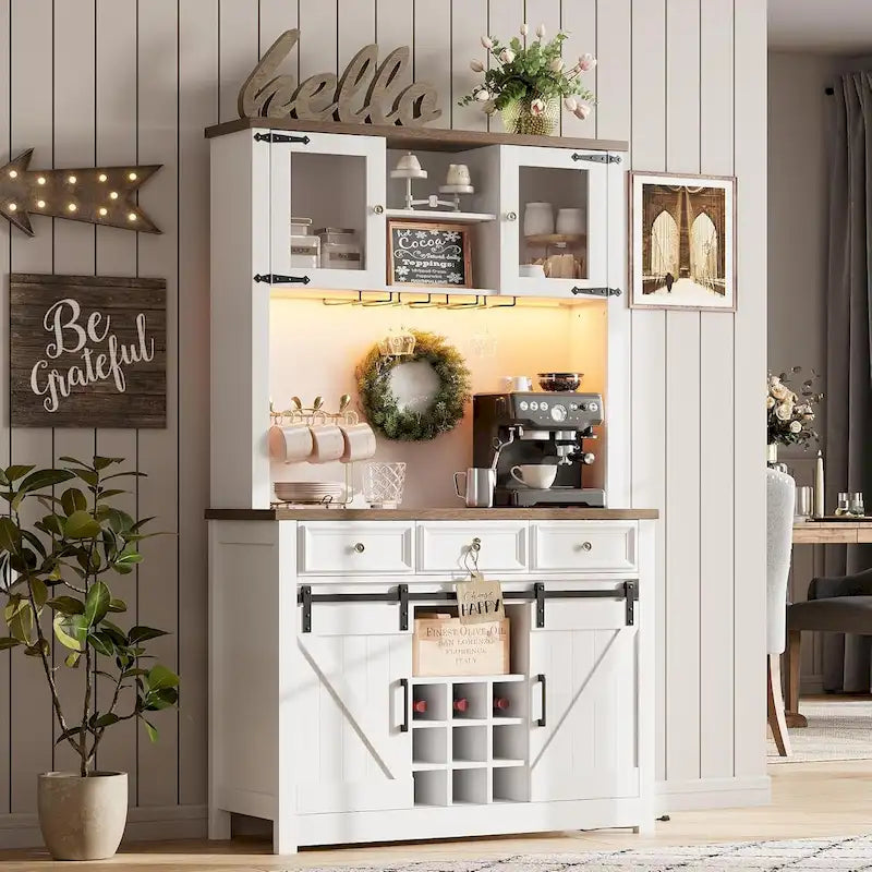 Meuble bar à café de style ferme moderne avec éclairage LED et prises électriques, meuble de cuisine