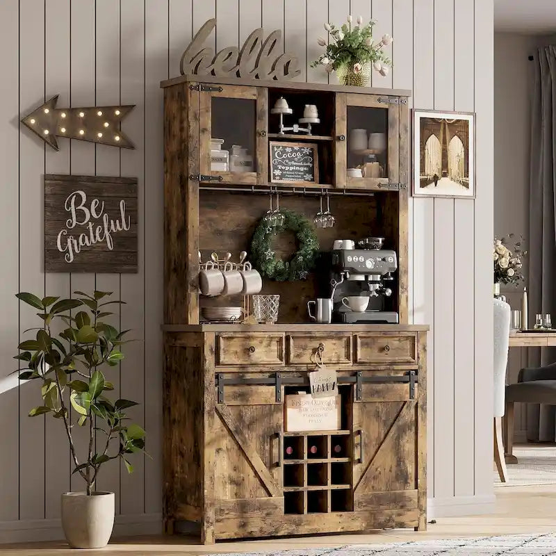 Meuble bar à café de style ferme moderne avec éclairage LED et prises électriques, meuble de cuisine