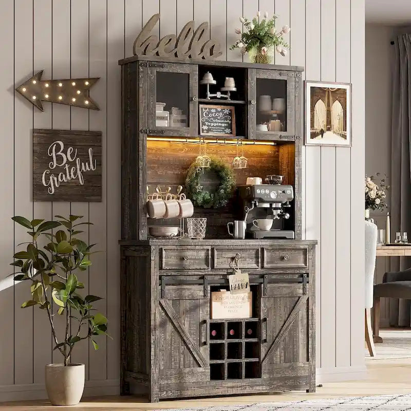 Meuble bar à café de style ferme moderne avec éclairage LED et prises électriques, meuble de cuisine