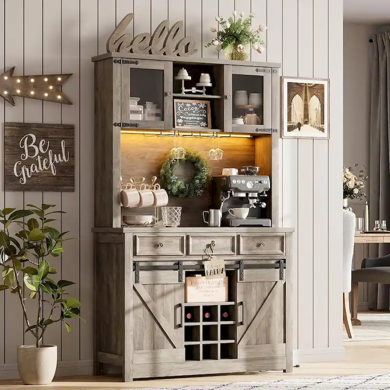 Meuble bar à café de style ferme moderne avec éclairage LED et prises électriques, meuble de cuisine