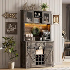 Modern Farmhouse Coffee Bar Cabinet with LED Lights & Power Outlets, Kitchen Cabinet