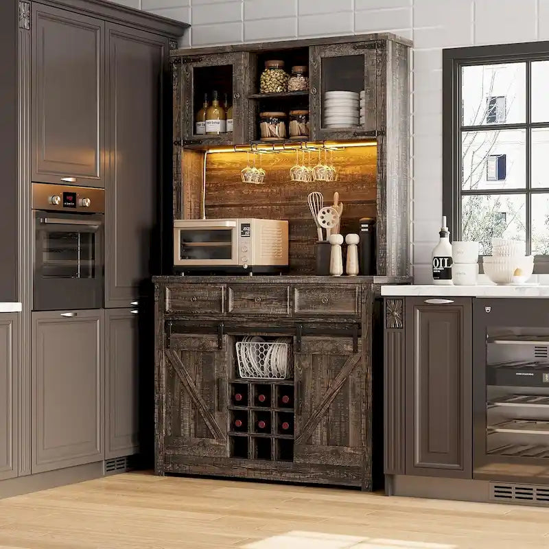 Meuble bar à café de style ferme moderne avec éclairage LED et prises électriques, meuble de cuisine