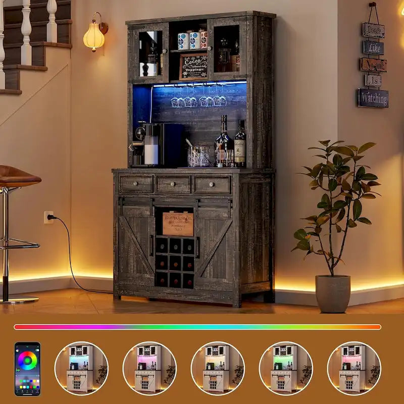 Meuble bar à café de style ferme moderne avec éclairage LED et prises électriques, meuble de cuisine