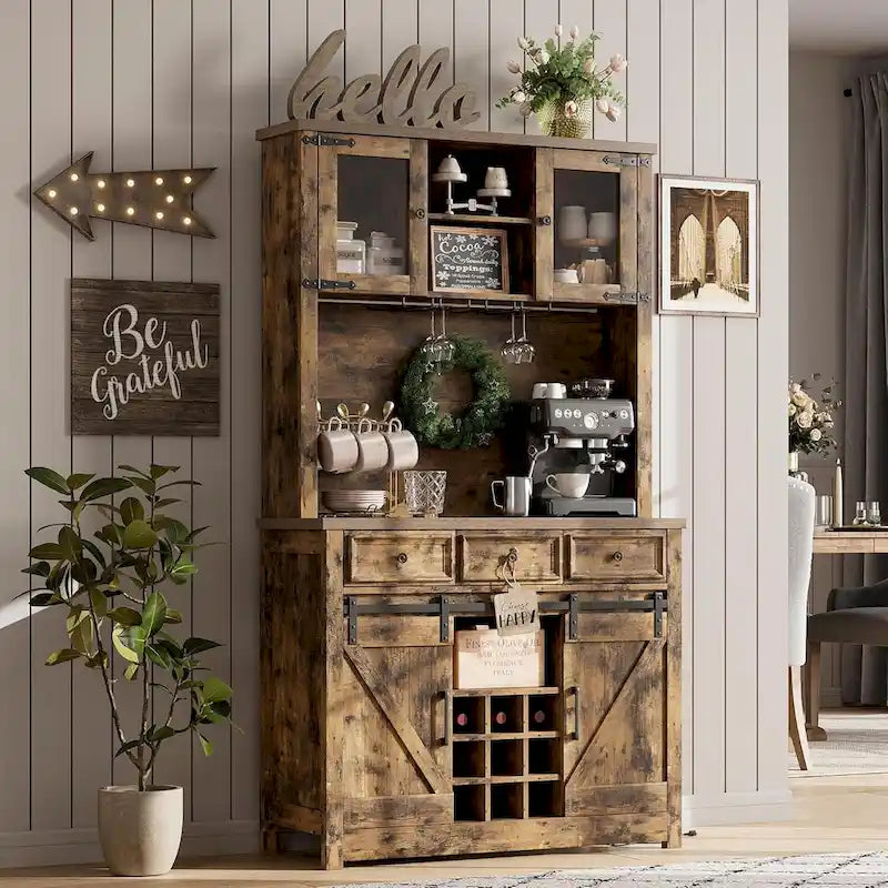 Meuble bar à café de style ferme moderne avec éclairage LED et prises électriques, meuble de cuisine