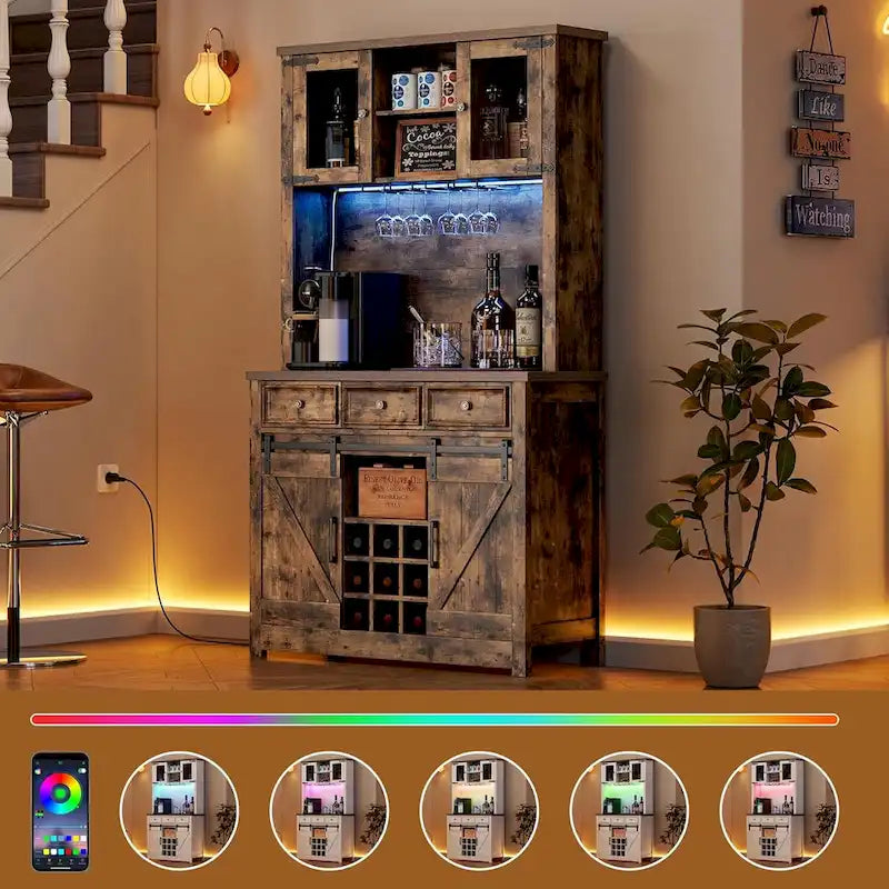 Meuble bar à café de style ferme moderne avec éclairage LED et prises électriques, meuble de cuisine