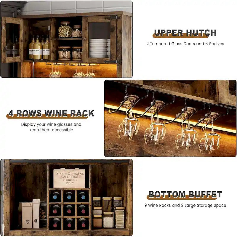 Meuble bar à café de style ferme moderne avec éclairage LED et prises électriques, meuble de cuisine