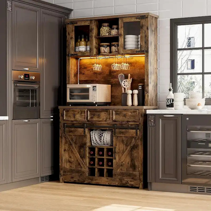 Meuble bar à café de style ferme moderne avec éclairage LED et prises électriques, meuble de cuisine