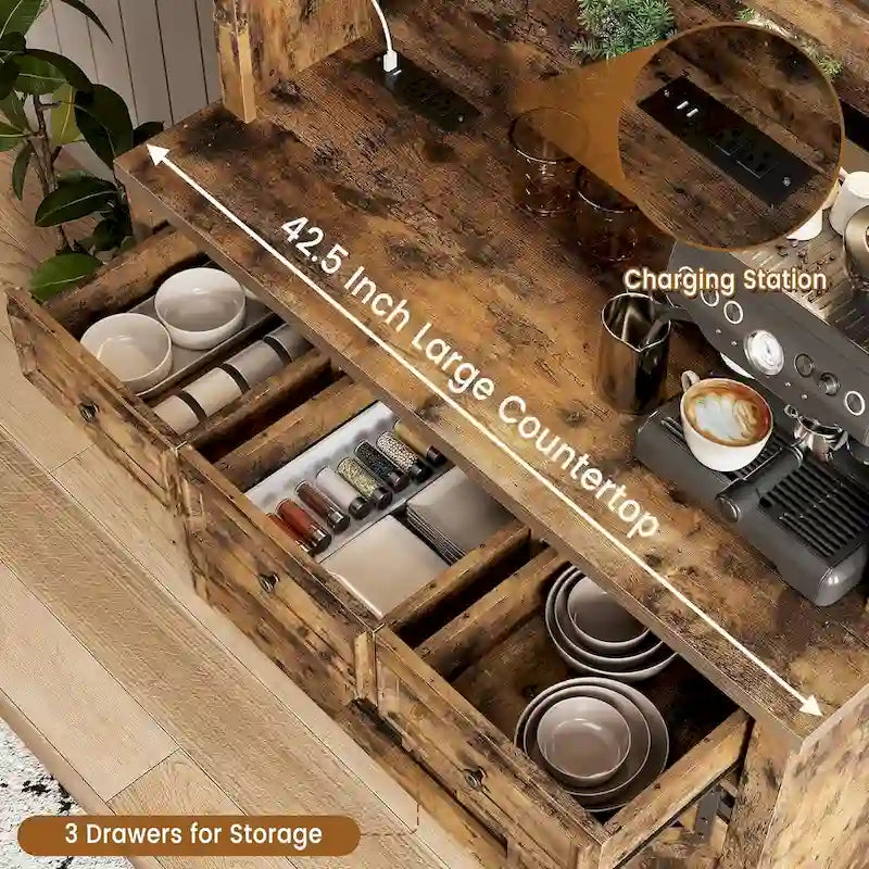 Meuble bar à café de style ferme moderne avec éclairage LED et prises électriques, meuble de cuisine