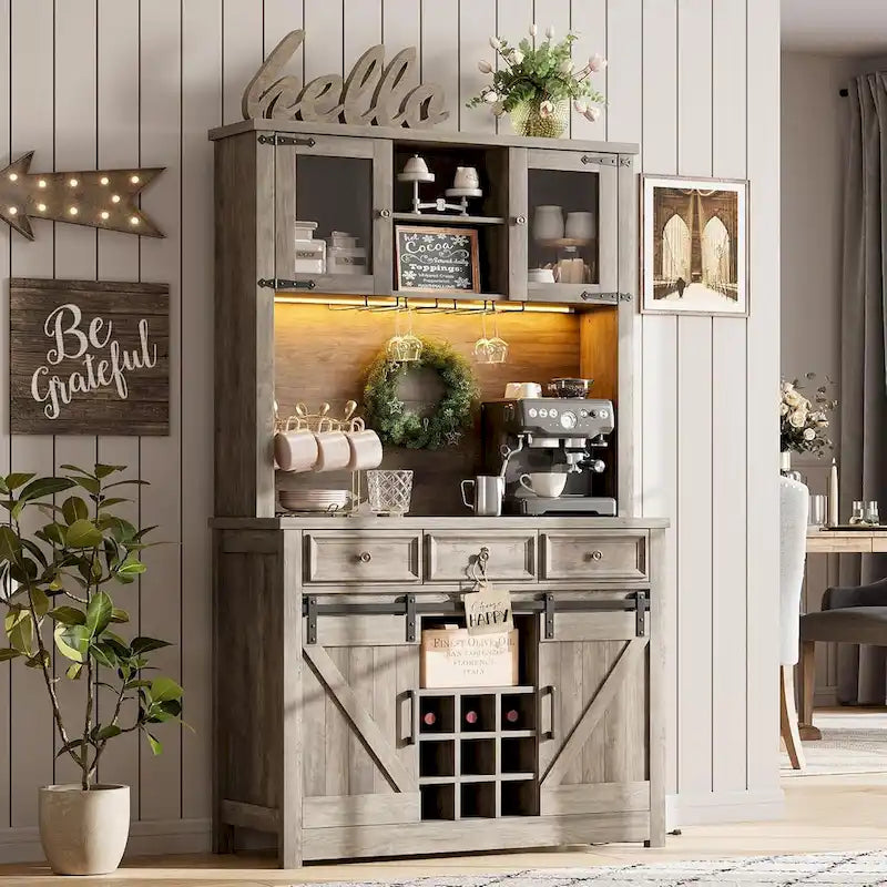 Meuble bar à café de style ferme moderne avec éclairage LED et prises électriques, meuble de cuisine