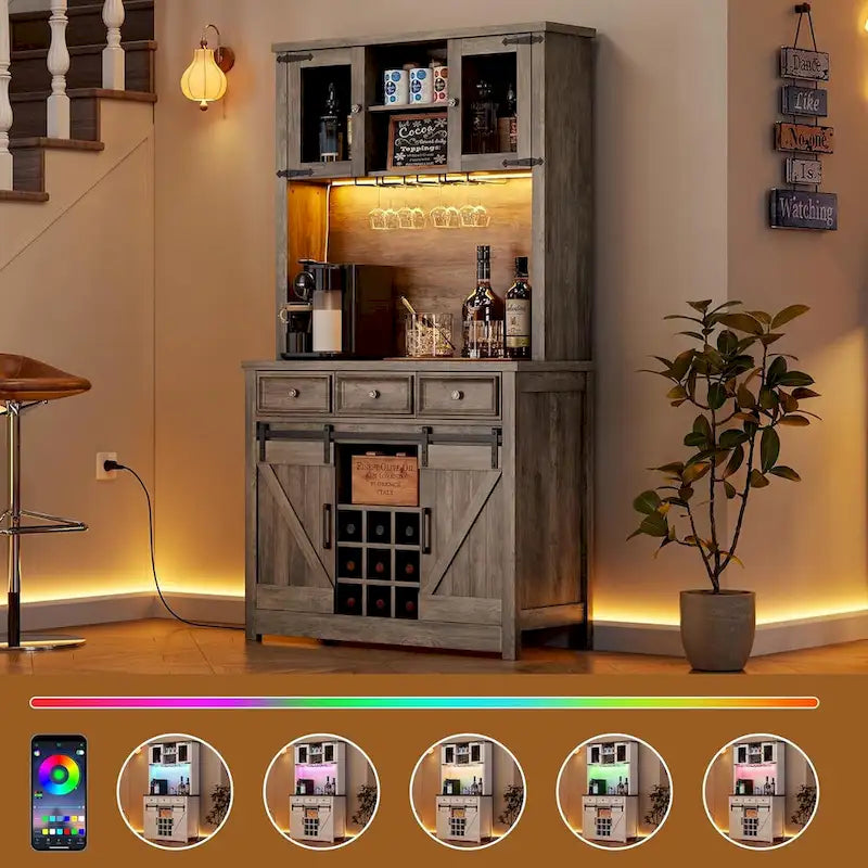 Meuble bar à café de style ferme moderne avec éclairage LED et prises électriques, meuble de cuisine