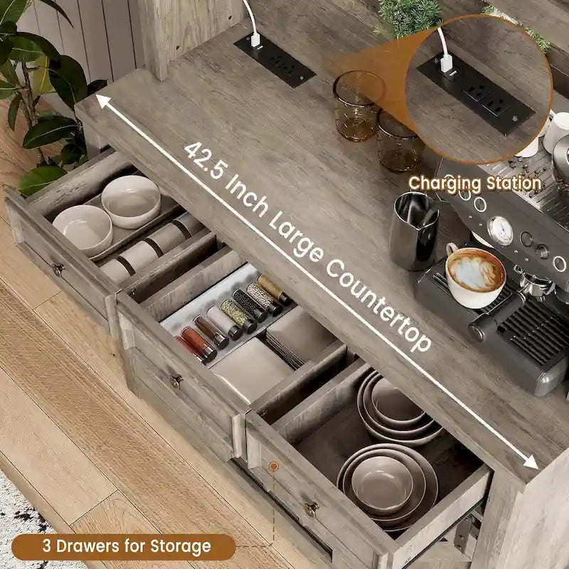 Meuble bar à café de style ferme moderne avec éclairage LED et prises électriques, meuble de cuisine