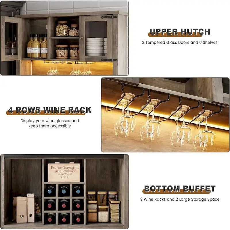 Meuble bar à café de style ferme moderne avec éclairage LED et prises électriques, meuble de cuisine