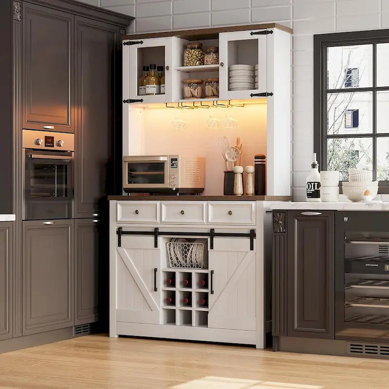 Meuble bar à café de style ferme moderne avec éclairage LED et prises électriques, meuble de cuisine