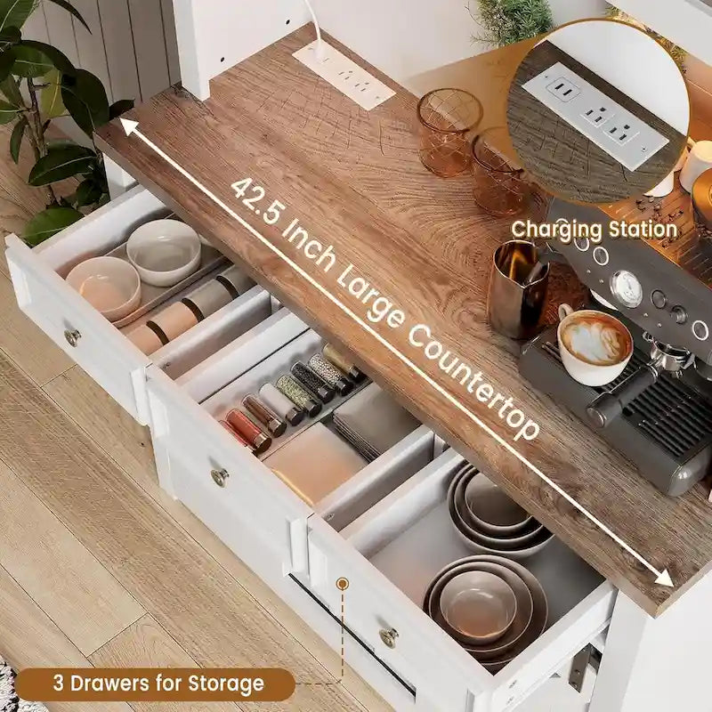 Meuble bar à café de style ferme moderne avec éclairage LED et prises électriques, meuble de cuisine