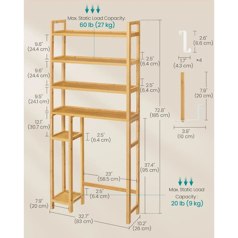 Étagère de rangement à 4 niveaux pour toilettes, gain de place, avec étagères réglables et structure en osier - 32,7 cm (L) x 10,2 cm (l) x 72,8 cm (H)