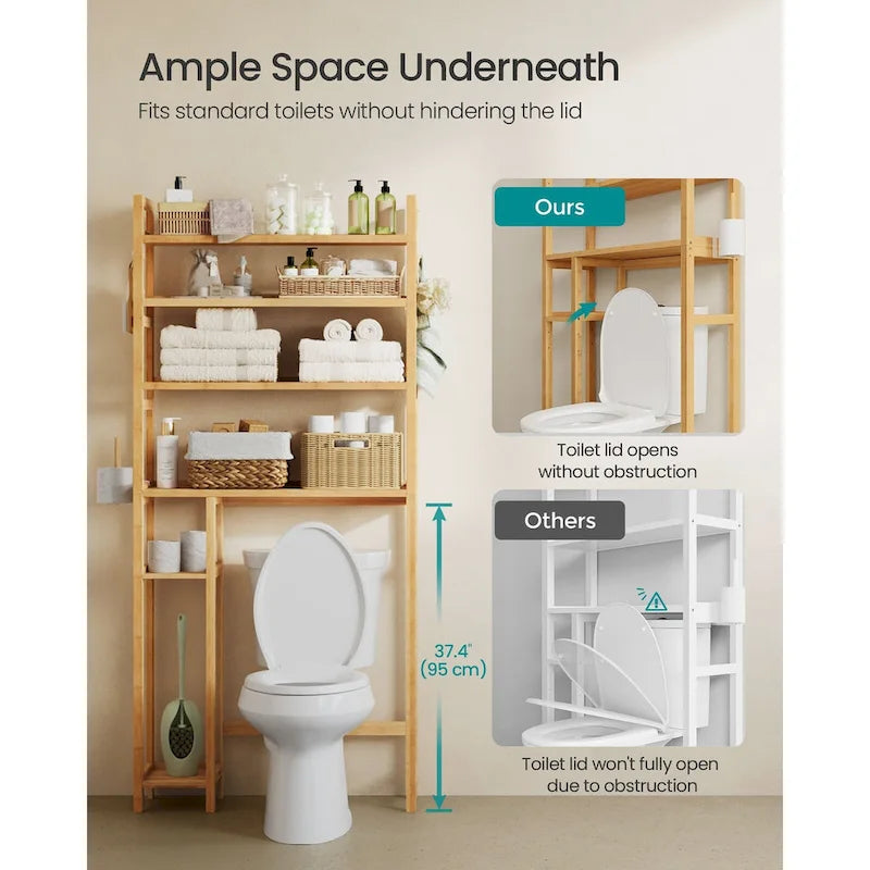 Étagère de rangement à 4 niveaux pour toilettes, gain de place, avec étagères réglables et structure en osier - 32,7 cm (L) x 10,2 cm (l) x 72,8 cm (H)