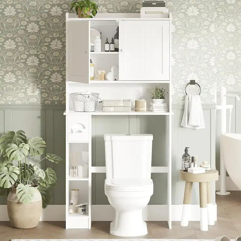 Armoire de rangement à suspendre au-dessus des toilettes, organisateur de salle de bain à double porte avec étagères réglables et porte-papier toilette