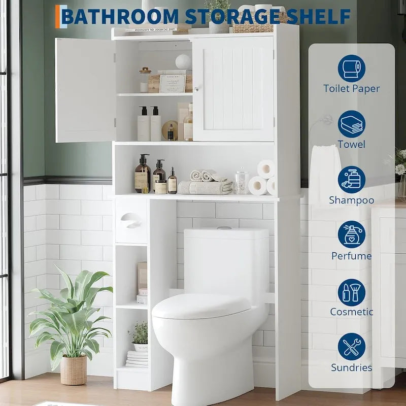 Armoire de rangement à suspendre au-dessus des toilettes, organisateur de salle de bain à double porte avec étagères réglables et porte-papier toilette