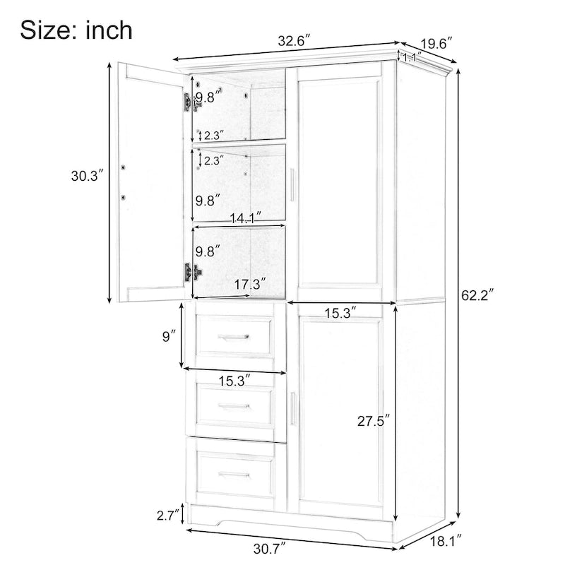 Armoire de rangement haute et large avec portes pour salle de bain/bureau, trois tiroirs - N/A