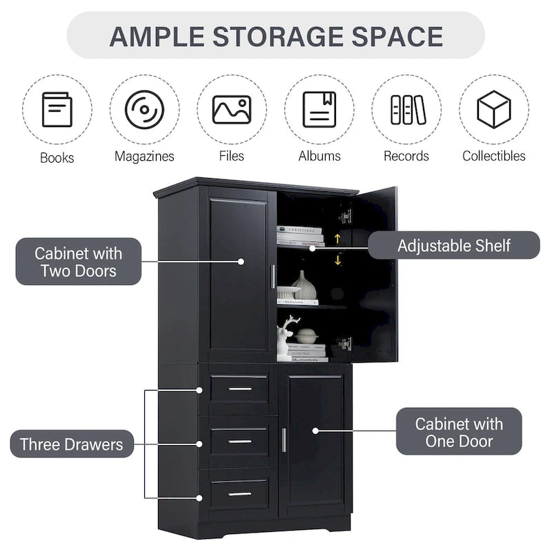 Armoire de rangement haute et large avec portes pour salle de bain/bureau, trois tiroirs - N/A
