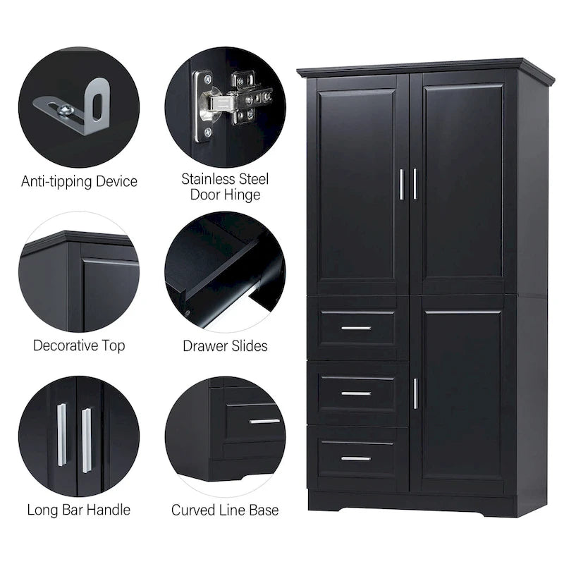 Armoire de rangement haute et large avec portes pour salle de bain/bureau, trois tiroirs - N/A