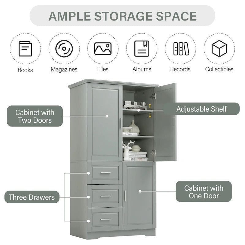 Armoire de rangement haute et large avec portes pour salle de bain/bureau, trois tiroirs - N/A